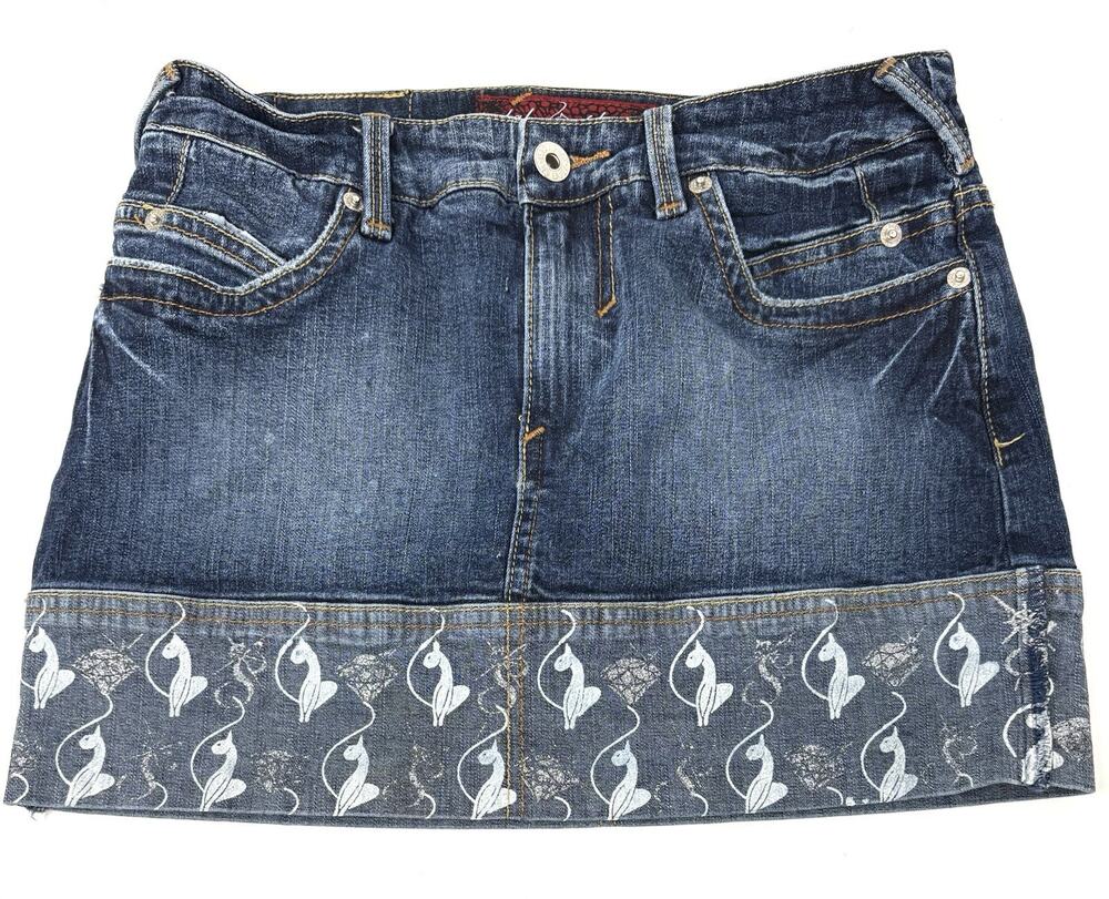 VTG Y2K Baby Phat Stretch Denim Micro Mini Skirt Size 3 Cat Shimmer Cuff Juniors